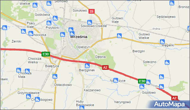 mapa Dębina gmina Września, Dębina gmina Września na mapie Targeo