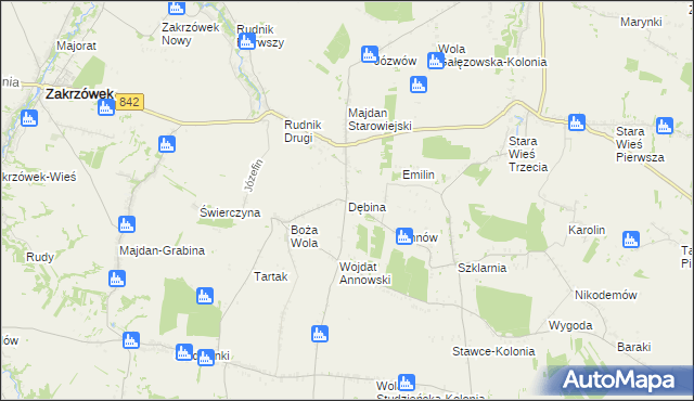 mapa Dębina gmina Zakrzew, Dębina gmina Zakrzew na mapie Targeo