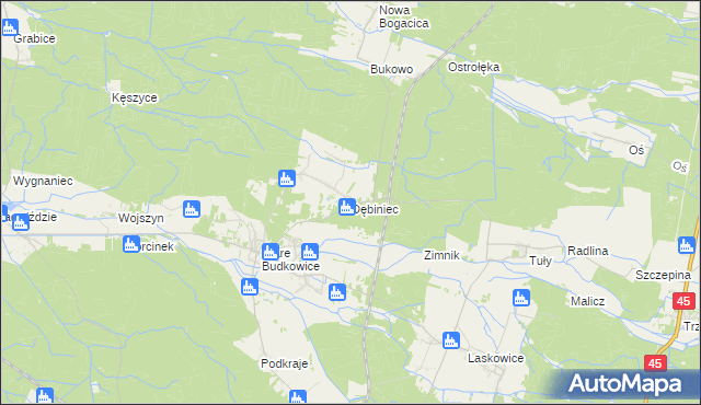 mapa Dębiniec gmina Murów, Dębiniec gmina Murów na mapie Targeo