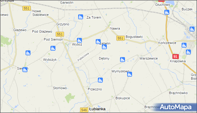 mapa Dębiny gmina Łubianka, Dębiny gmina Łubianka na mapie Targeo
