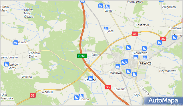 mapa Dębno gmina Rawicz, Dębno gmina Rawicz na mapie Targeo