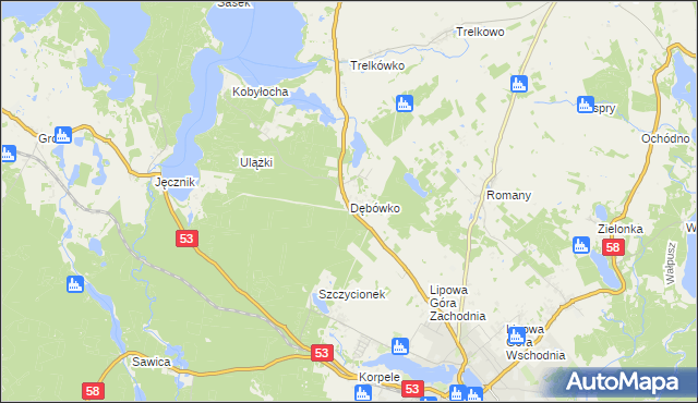 mapa Dębówko gmina Szczytno, Dębówko gmina Szczytno na mapie Targeo