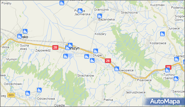 mapa Długie gmina Zarszyn, Długie gmina Zarszyn na mapie Targeo