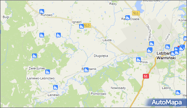 mapa Długołęka gmina Lidzbark Warmiński, Długołęka gmina Lidzbark Warmiński na mapie Targeo