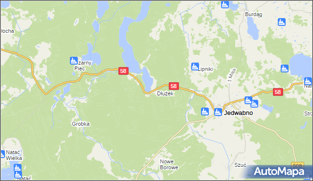 mapa Dłużek gmina Jedwabno, Dłużek gmina Jedwabno na mapie Targeo