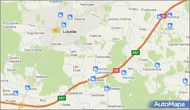 mapa Dobrosław gmina Lututów, Dobrosław gmina Lututów na mapie Targeo