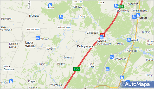 mapa Dobryszyce, Dobryszyce na mapie Targeo