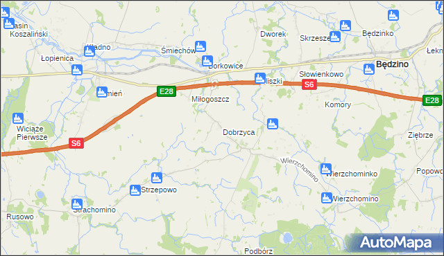 mapa Dobrzyca gmina Będzino, Dobrzyca gmina Będzino na mapie Targeo