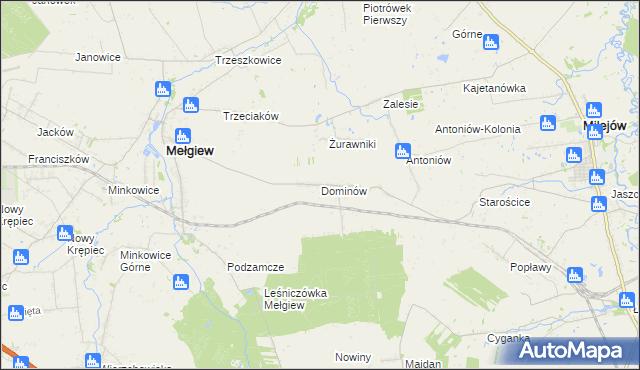 mapa Dominów gmina Mełgiew, Dominów gmina Mełgiew na mapie Targeo