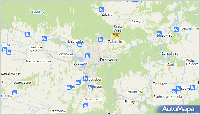 mapa Drzewica powiat opoczyński, Drzewica powiat opoczyński na mapie Targeo