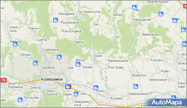 mapa Dubie gmina Krzeszowice, Dubie gmina Krzeszowice na mapie Targeo