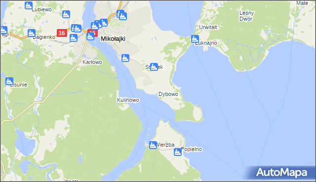 mapa Dybowo gmina Mikołajki, Dybowo gmina Mikołajki na mapie Targeo