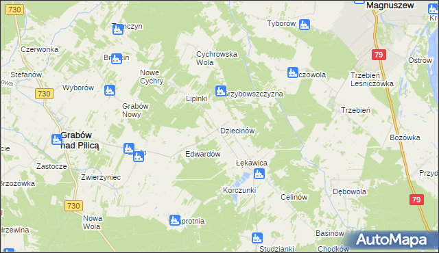 mapa Dziecinów gmina Grabów nad Pilicą, Dziecinów gmina Grabów nad Pilicą na mapie Targeo