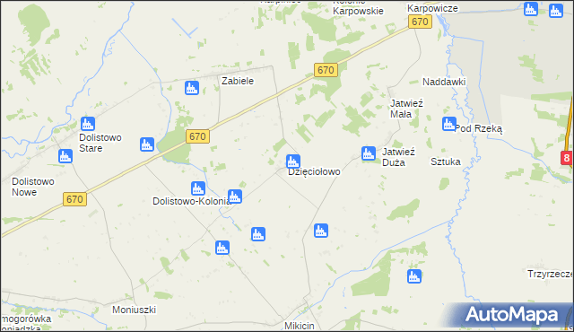 mapa Dzięciołowo gmina Jaświły, Dzięciołowo gmina Jaświły na mapie Targeo