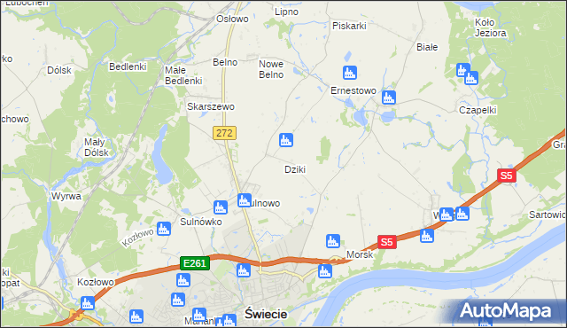 mapa Dziki gmina Świecie, Dziki gmina Świecie na mapie Targeo