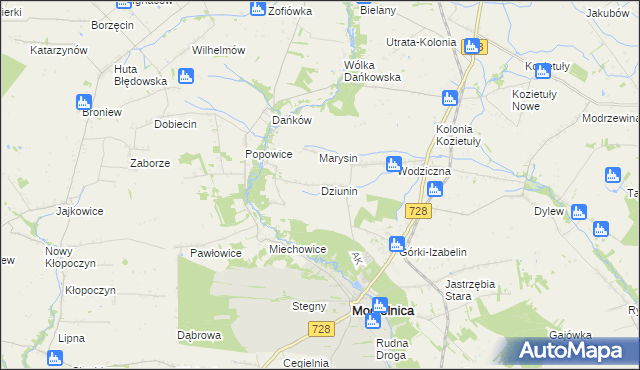 mapa Dziunin gmina Mogielnica, Dziunin gmina Mogielnica na mapie Targeo