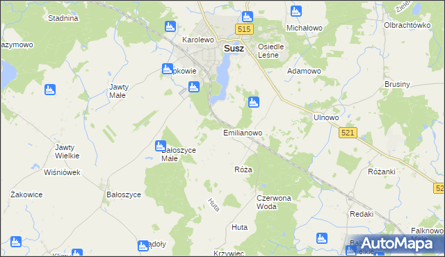 mapa Emilianowo gmina Susz, Emilianowo gmina Susz na mapie Targeo