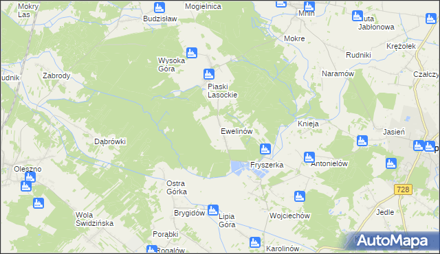 mapa Ewelinów gmina Łopuszno, Ewelinów gmina Łopuszno na mapie Targeo