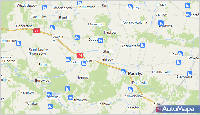 mapa Feliksów gmina Paradyż, Feliksów gmina Paradyż na mapie Targeo