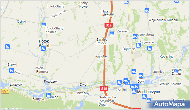 mapa Felinów gmina Modliborzyce, Felinów gmina Modliborzyce na mapie Targeo