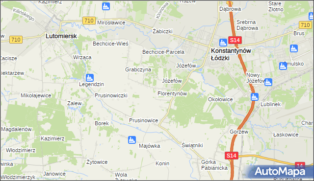 mapa Florentynów gmina Lutomiersk, Florentynów gmina Lutomiersk na mapie Targeo