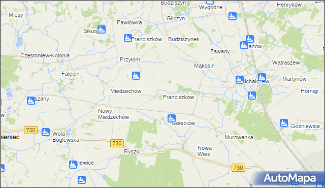 mapa Franciszków gmina Jasieniec, Franciszków gmina Jasieniec na mapie Targeo