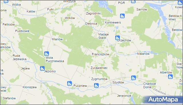 mapa Franciszków gmina Lutomiersk, Franciszków gmina Lutomiersk na mapie Targeo