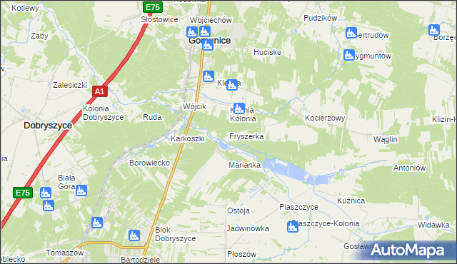 mapa Fryszerka gmina Gomunice, Fryszerka gmina Gomunice na mapie Targeo