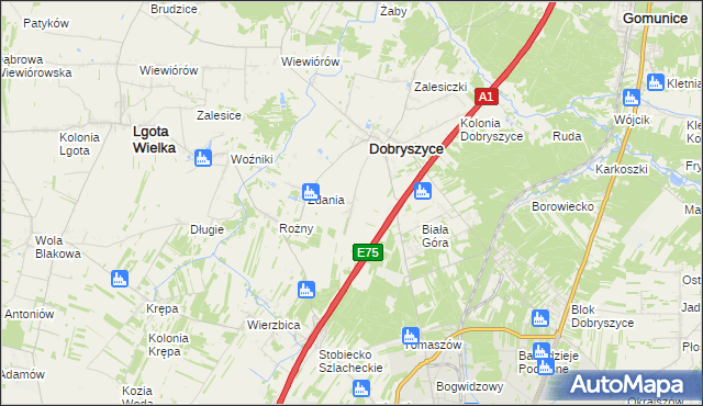 mapa Galonki gmina Dobryszyce, Galonki gmina Dobryszyce na mapie Targeo