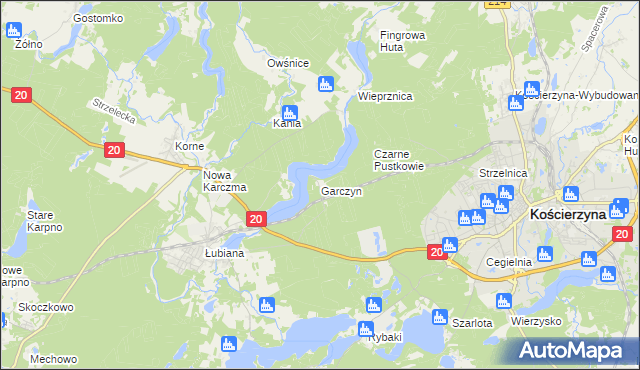 mapa Garczyn gmina Kościerzyna, Garczyn gmina Kościerzyna na mapie Targeo