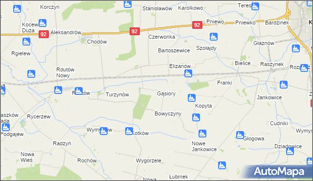 mapa Gąsiory gmina Chodów, Gąsiory gmina Chodów na mapie Targeo