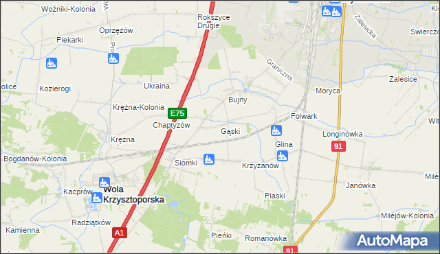 mapa Gąski gmina Wola Krzysztoporska, Gąski gmina Wola Krzysztoporska na mapie Targeo