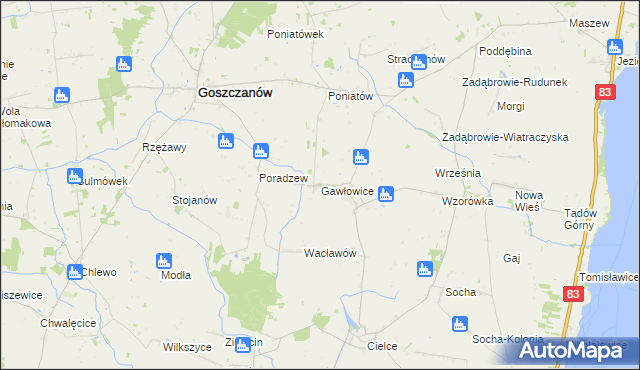 mapa Gawłowice gmina Goszczanów, Gawłowice gmina Goszczanów na mapie Targeo