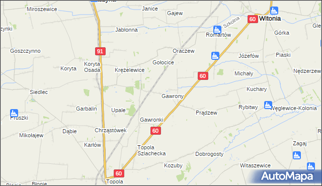 mapa Gawrony gmina Łęczyca, Gawrony gmina Łęczyca na mapie Targeo