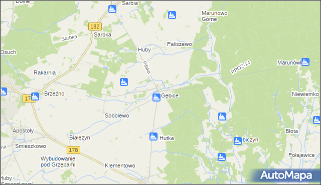 mapa Gębice gmina Czarnków, Gębice gmina Czarnków na mapie Targeo