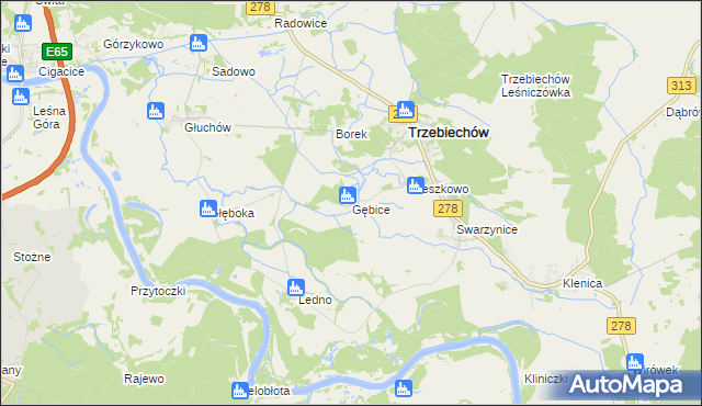 mapa Gębice gmina Trzebiechów, Gębice gmina Trzebiechów na mapie Targeo