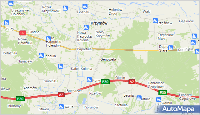 mapa Genowefa gmina Krzymów, Genowefa gmina Krzymów na mapie Targeo