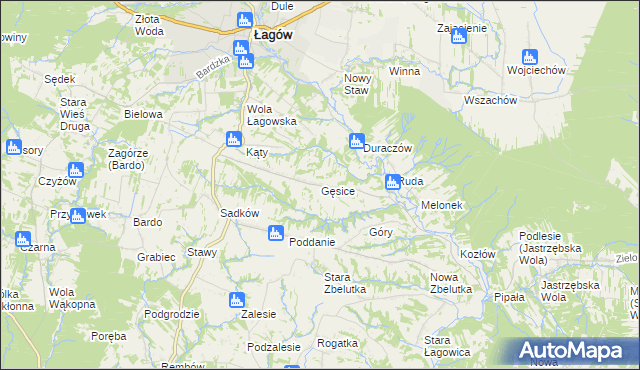 mapa Gęsice gmina Łagów, Gęsice gmina Łagów na mapie Targeo