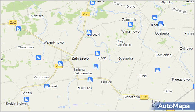 mapa Gęsin gmina Zakrzewo, Gęsin gmina Zakrzewo na mapie Targeo