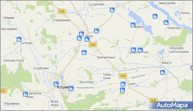 mapa Gierłachowo gmina Krzywiń, Gierłachowo gmina Krzywiń na mapie Targeo