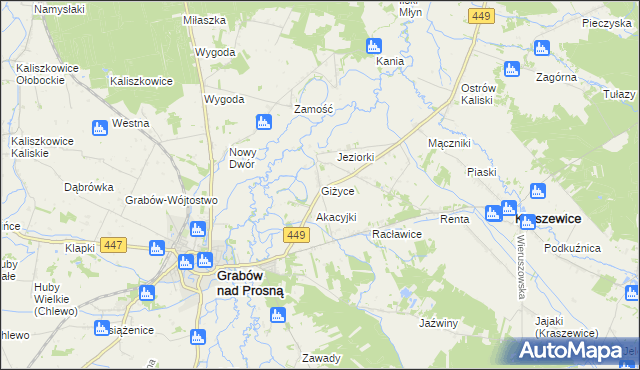 mapa Giżyce gmina Grabów nad Prosną, Giżyce gmina Grabów nad Prosną na mapie Targeo