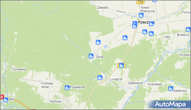 mapa Glina gmina Rzeczyca, Glina gmina Rzeczyca na mapie Targeo