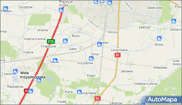 mapa Glina gmina Wola Krzysztoporska, Glina gmina Wola Krzysztoporska na mapie Targeo