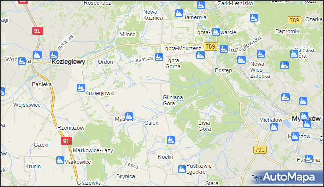 mapa Gliniana Góra gmina Koziegłowy, Gliniana Góra gmina Koziegłowy na mapie Targeo