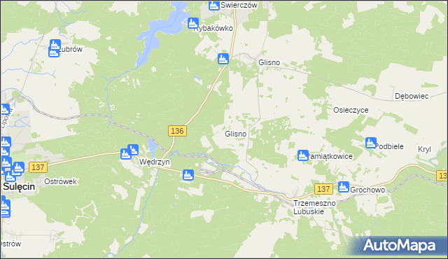 mapa Glisno gmina Sulęcin, Glisno gmina Sulęcin na mapie Targeo