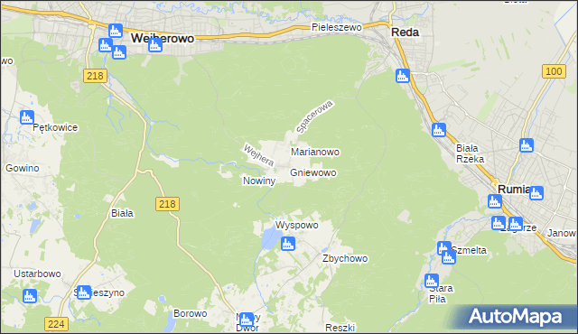 mapa Gniewowo gmina Wejherowo, Gniewowo gmina Wejherowo na mapie Targeo