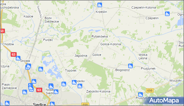 mapa Golice gmina Siedlce, Golice gmina Siedlce na mapie Targeo