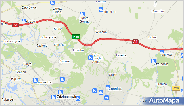 mapa Góra Świętej Anny gmina Leśnica, Góra Świętej Anny gmina Leśnica na mapie Targeo