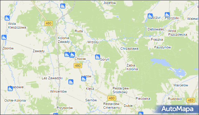 mapa Goryń gmina Widawa, Goryń gmina Widawa na mapie Targeo