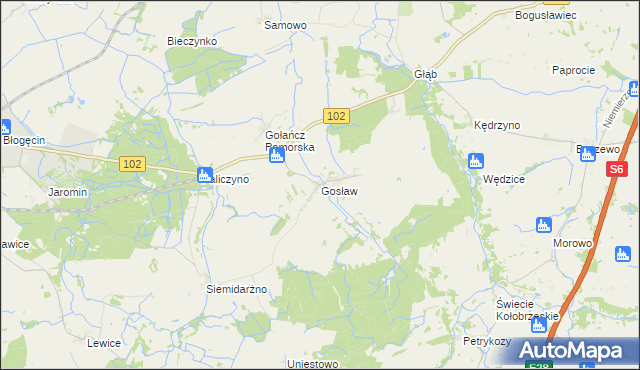 mapa Gosław gmina Trzebiatów, Gosław gmina Trzebiatów na mapie Targeo